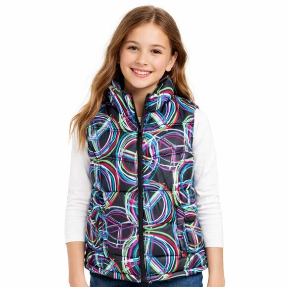 Old Navy Other - Old Navy Gray Multicolor Peace Sign Zip Up Fleece Lined Puffer Vest Girls XL/14